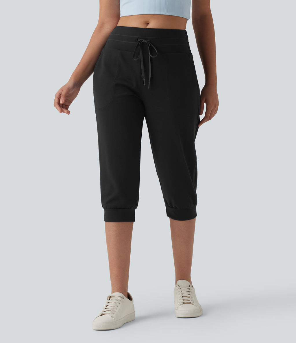 Mid Rise Drawstring Capri Casual Joggers with Pockets — Black — view 1