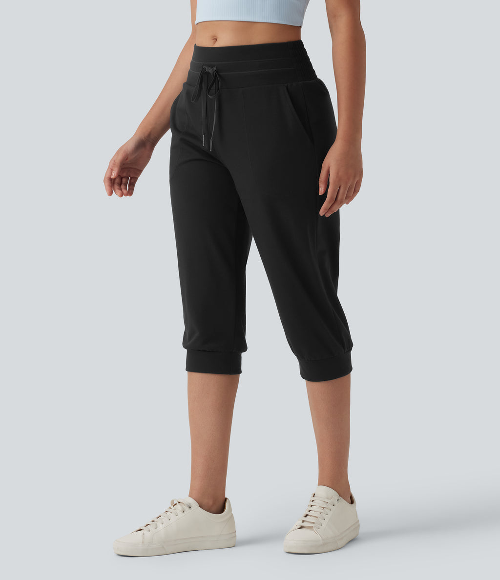 Mid Rise Drawstring Capri Casual Joggers with Pockets — Black — view 3