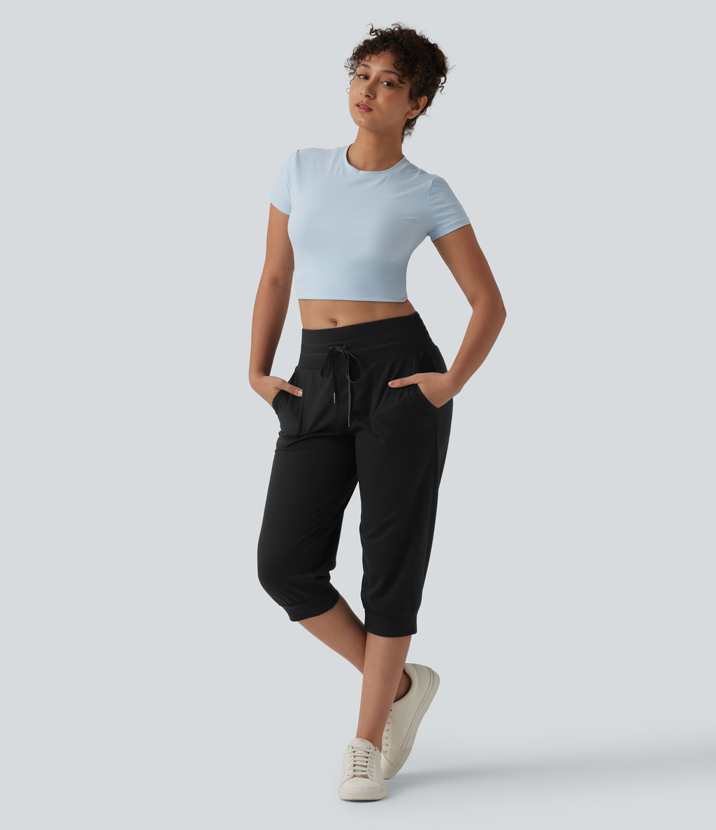 Mid Rise Drawstring Capri Casual Joggers with Pockets — Black — view 6