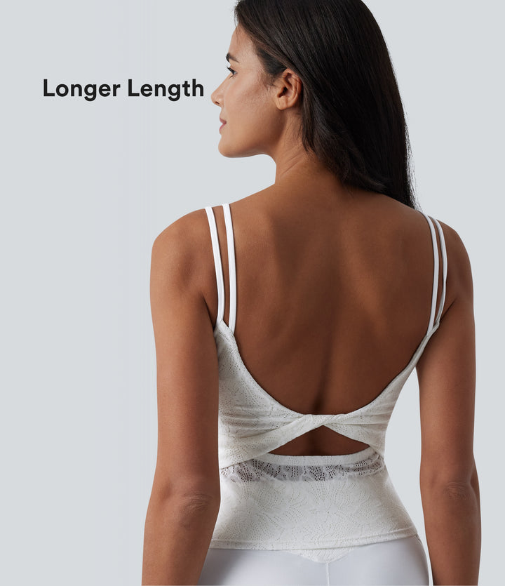 U Neck Backless Twisted Built-in Bra Lace Yoga Tank Top-Longer Length — White — view 1