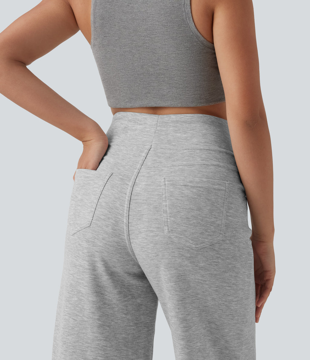 High Waisted Wide Leg Casual Trousers with Pockets — Fog Gray — view 4