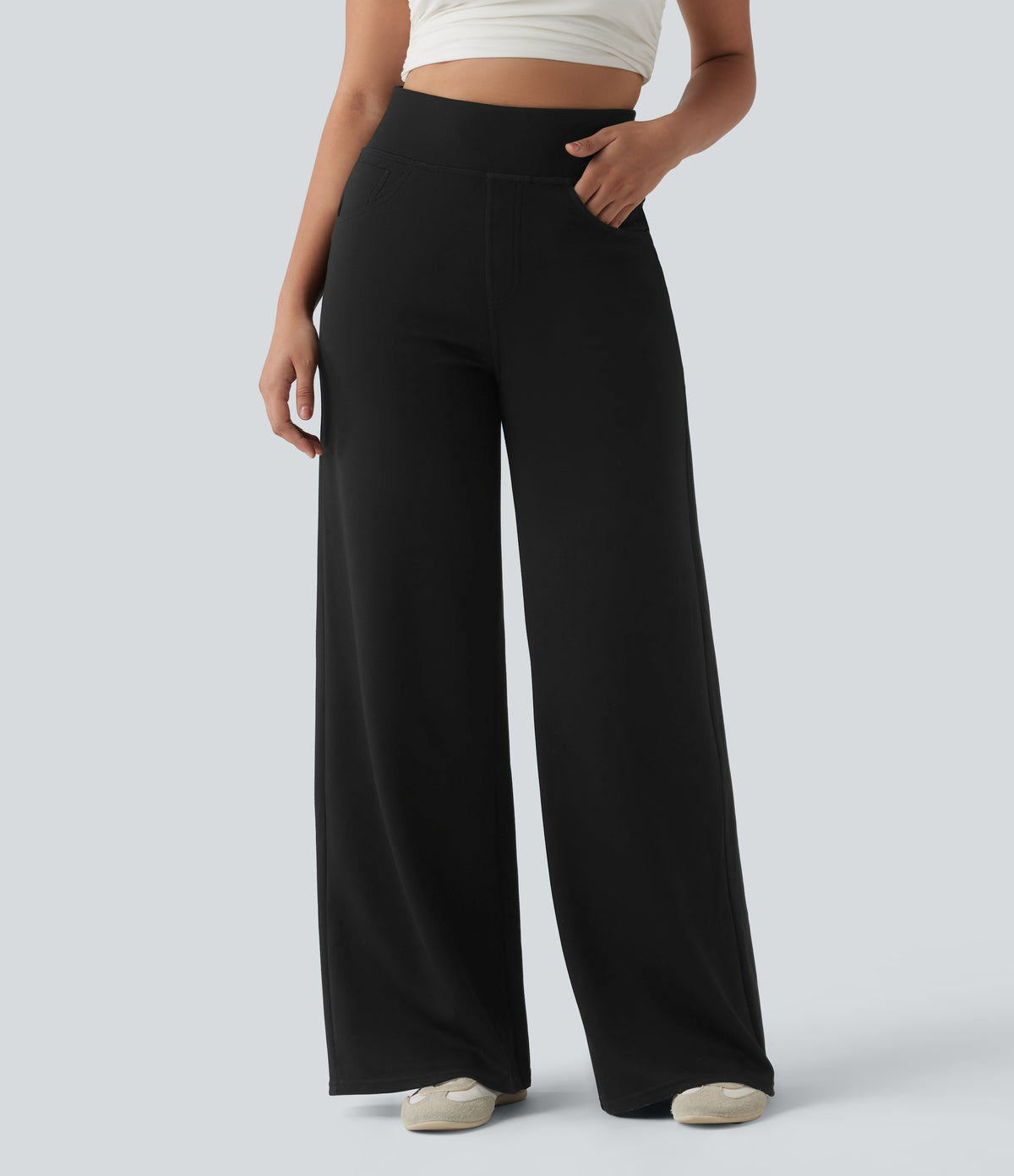 High Waisted Wide Leg Casual Trousers with Pockets — Black — view 6