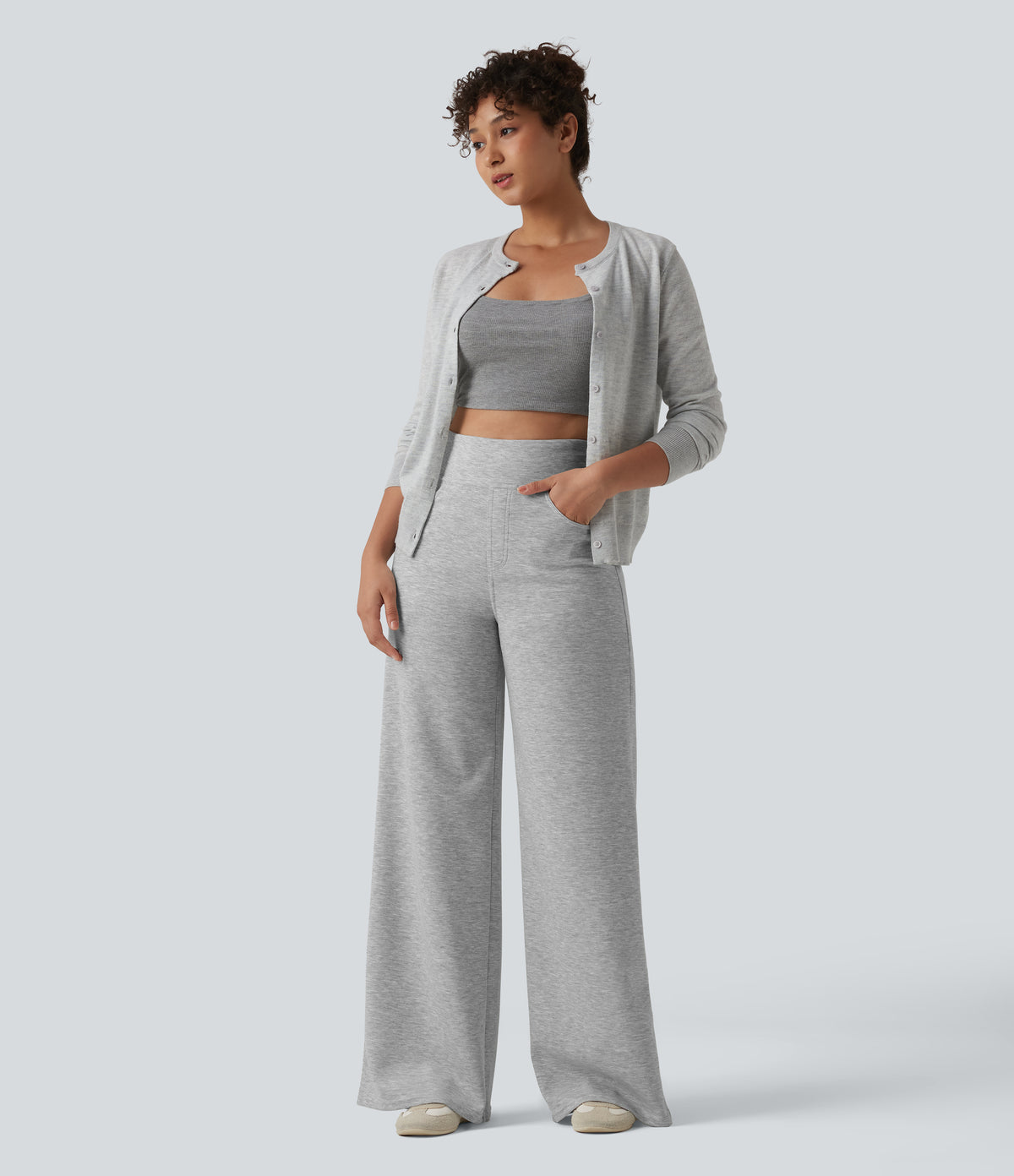 High Waisted Wide Leg Casual Trousers with Pockets — Fog Gray — view 5