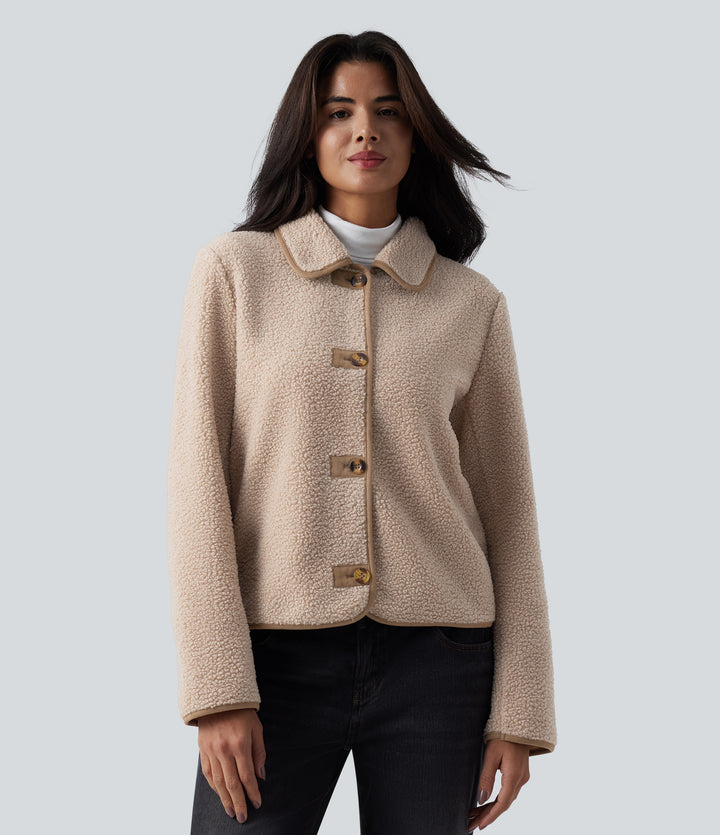 Collar Long Sleeve Casual Sherpa Jacket with Pockets — Moonlight — view 1