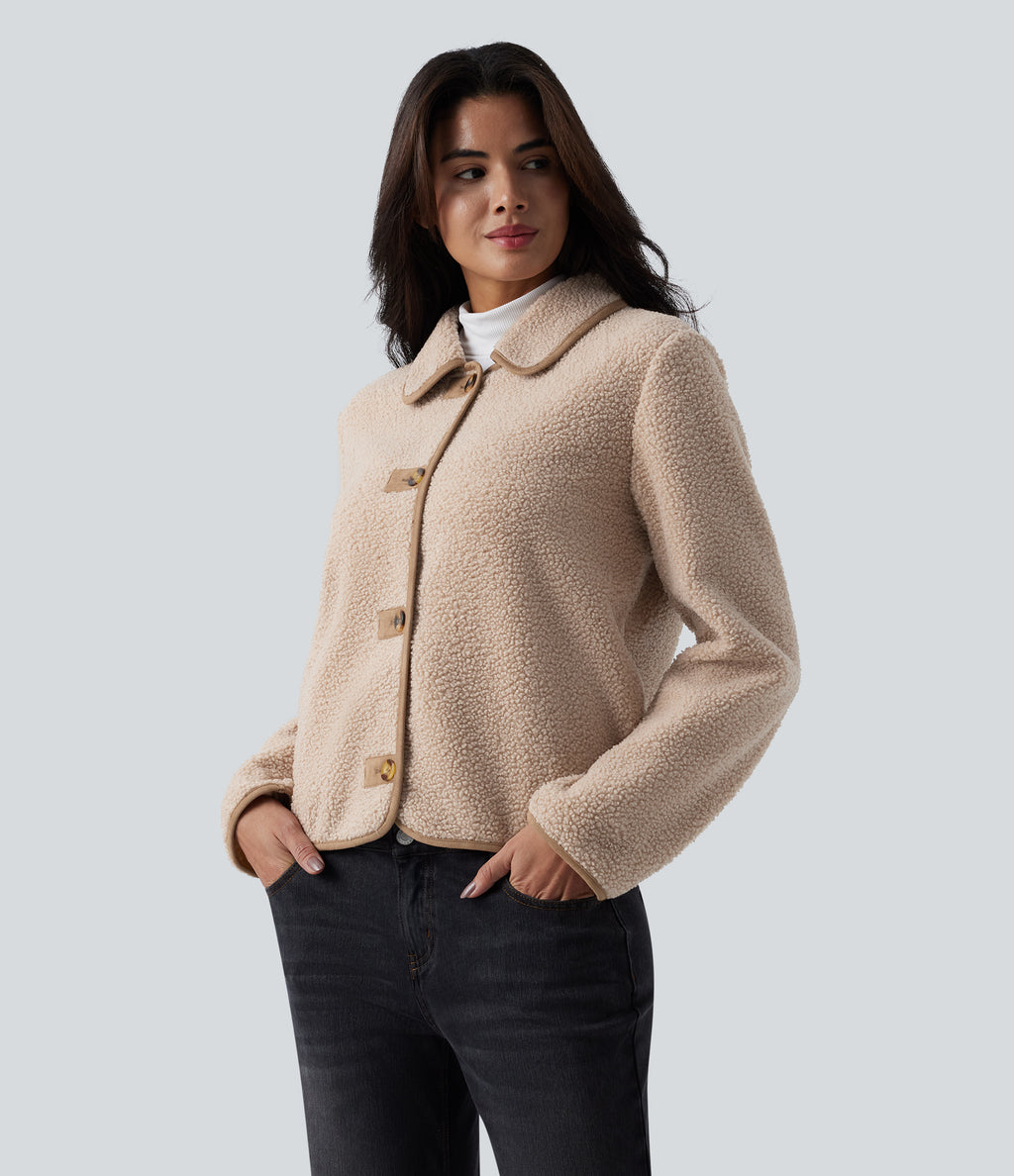 Collar Long Sleeve Casual Sherpa Jacket with Pockets — Moonlight — view 3