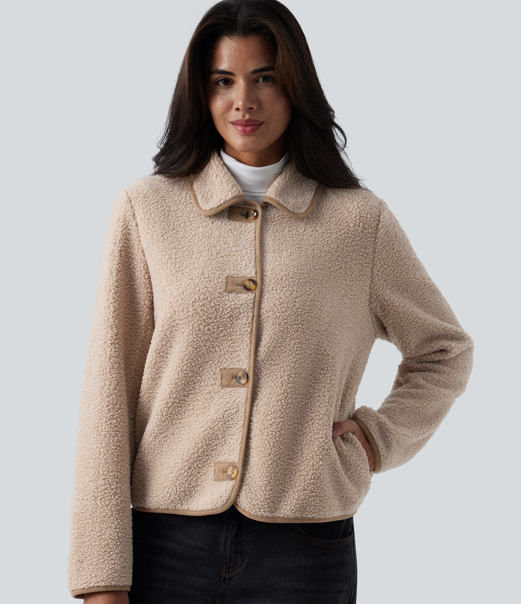 Collar Long Sleeve Casual Sherpa Jacket with Pockets — Moonlight — view 4