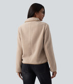 Collar Long Sleeve Casual Sherpa Jacket with Pockets — Moonlight — view 2