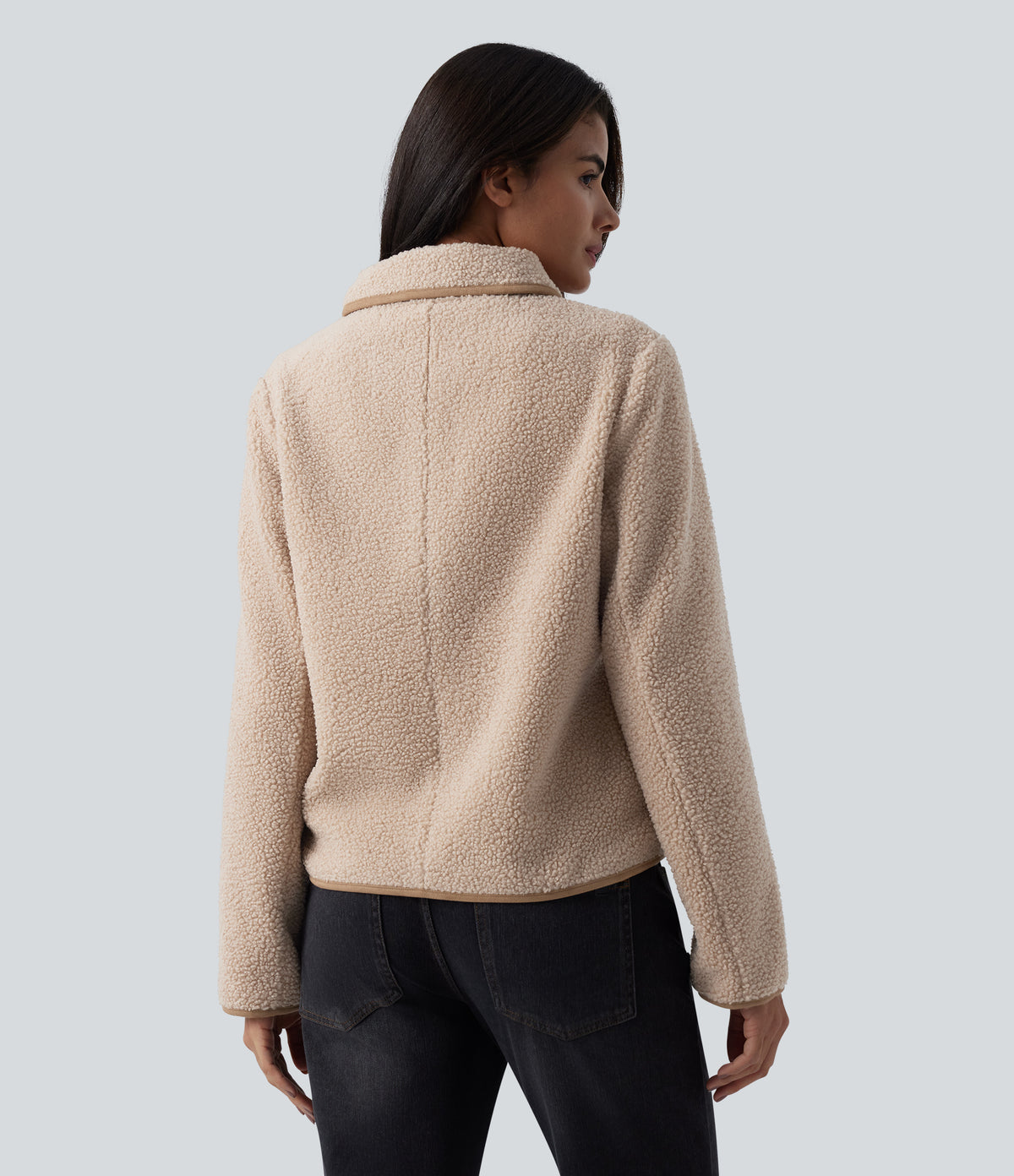 Collar Long Sleeve Casual Sherpa Jacket with Pockets — Moonlight — view 2