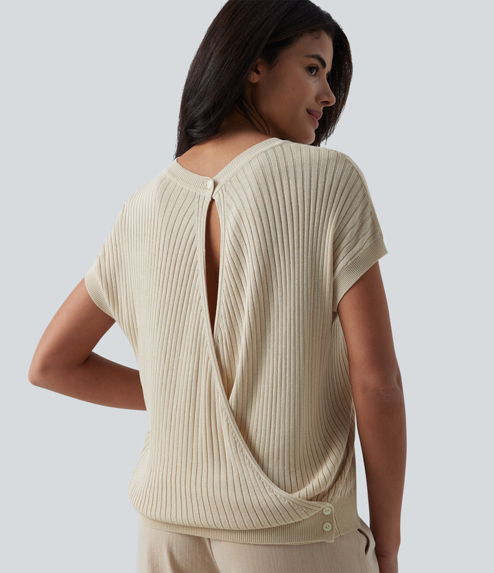 Round Neck Batwing Sleeve Crossover Backless Casual Jumper — Almond Milk — view 1