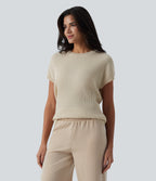 Round Neck Batwing Sleeve Crossover Backless Casual Jumper — Almond Milk — view 3