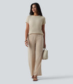 Round Neck Batwing Sleeve Crossover Backless Casual Jumper — Almond Milk — view 7