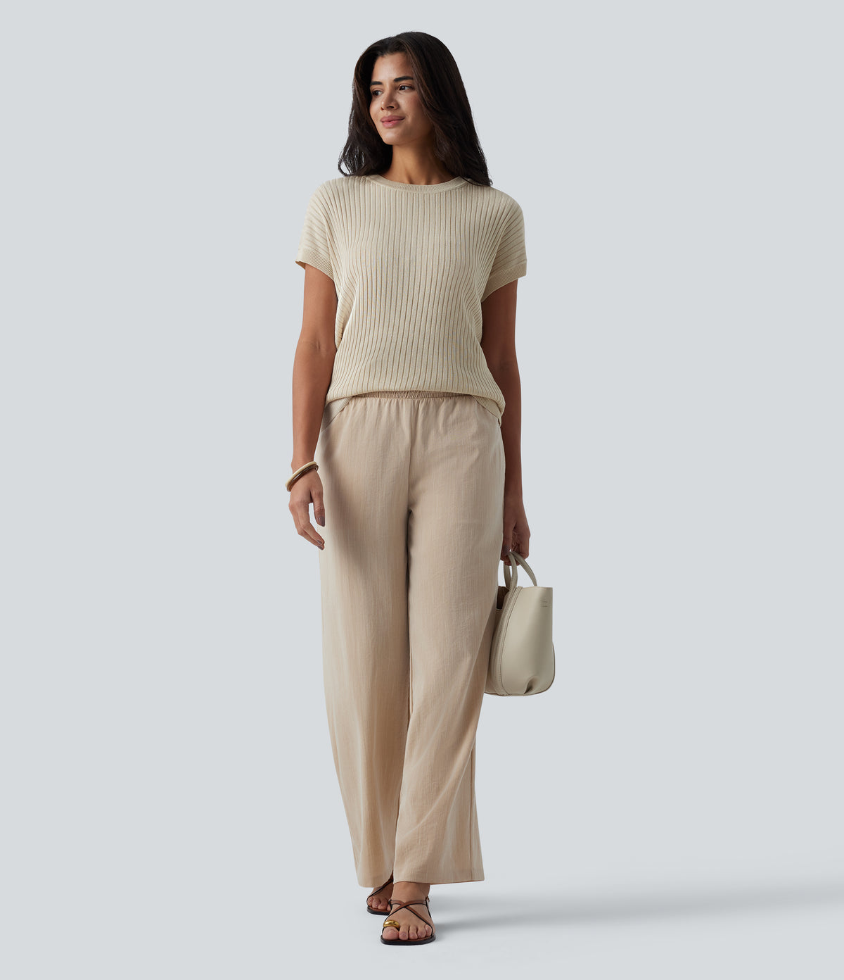 Round Neck Batwing Sleeve Crossover Backless Casual Jumper — Almond Milk — view 7