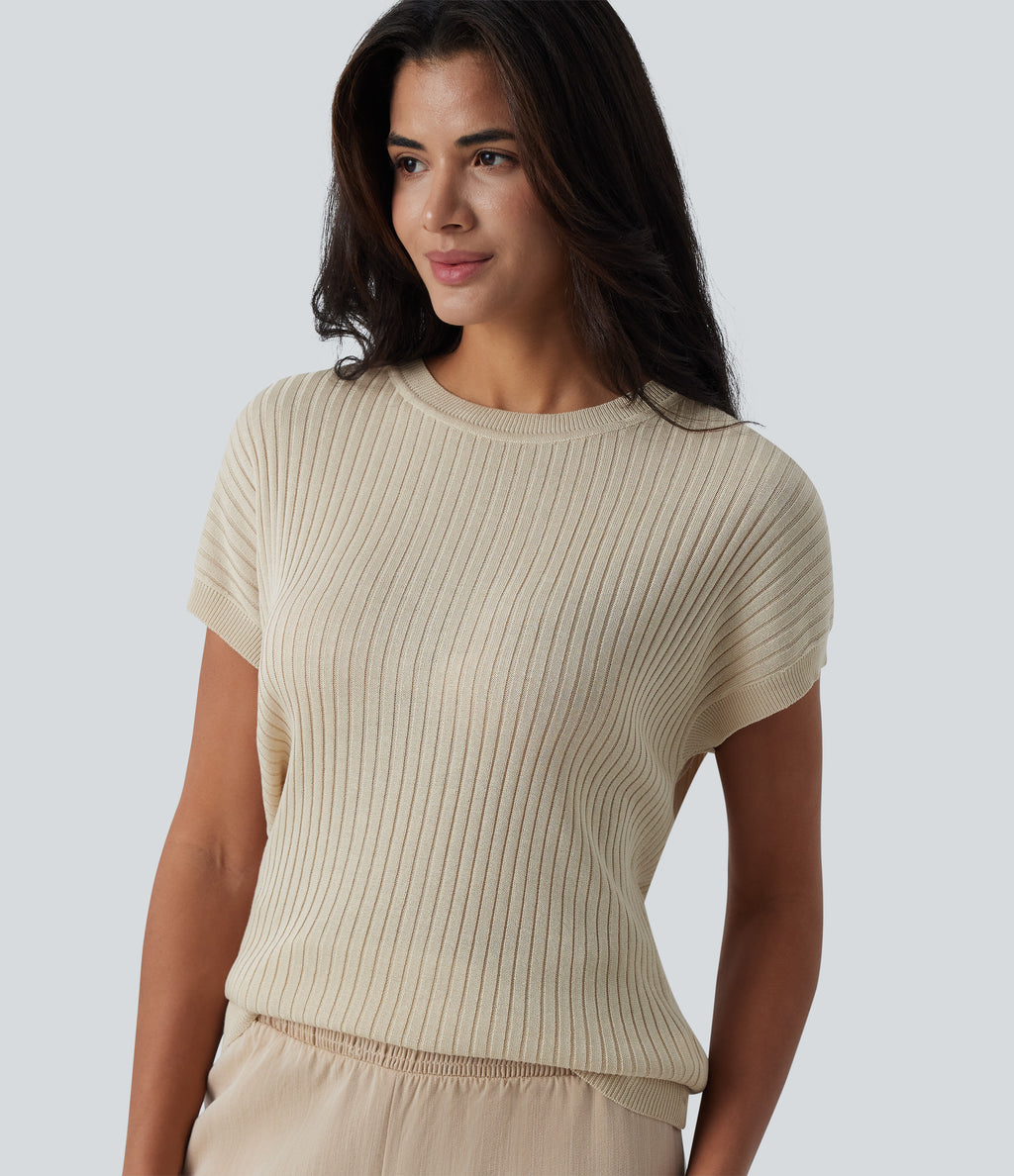 Round Neck Batwing Sleeve Crossover Backless Casual Jumper — Almond Milk — view 6