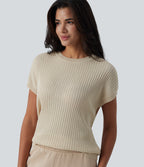 Round Neck Batwing Sleeve Crossover Backless Casual Jumper — Almond Milk — view 6