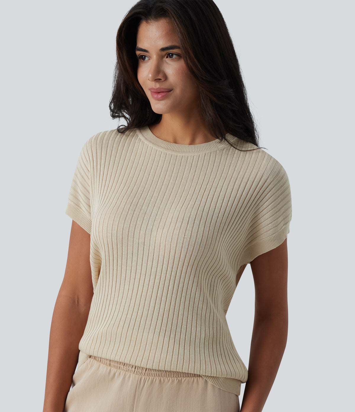 Round Neck Batwing Sleeve Crossover Backless Casual Jumper — Almond Milk — view 6