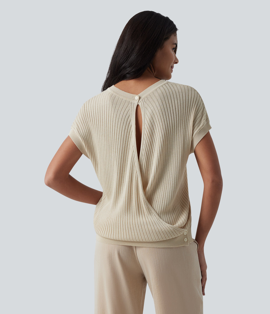 Round Neck Batwing Sleeve Crossover Backless Casual Jumper — Almond Milk — view 4