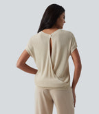 Round Neck Batwing Sleeve Crossover Backless Casual Jumper — Almond Milk — view 4