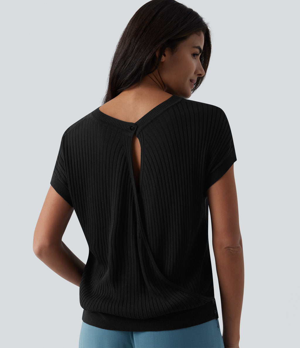 Round Neck Batwing Sleeve Crossover Backless Casual Jumper — Black — view 9