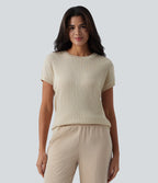 Round Neck Batwing Sleeve Crossover Backless Casual Jumper — Almond Milk — view 2