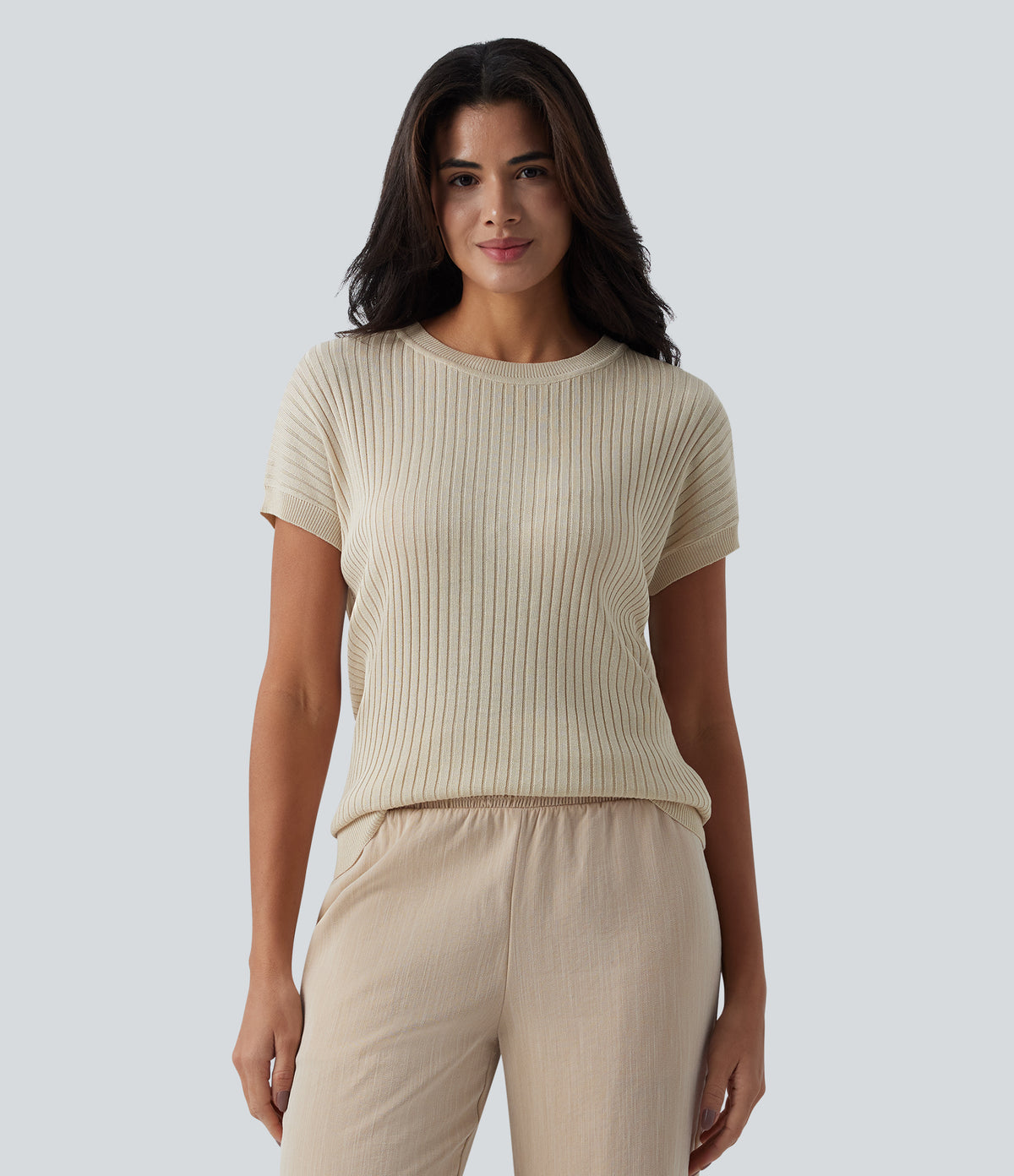 Round Neck Batwing Sleeve Crossover Backless Casual Jumper — Almond Milk — view 2