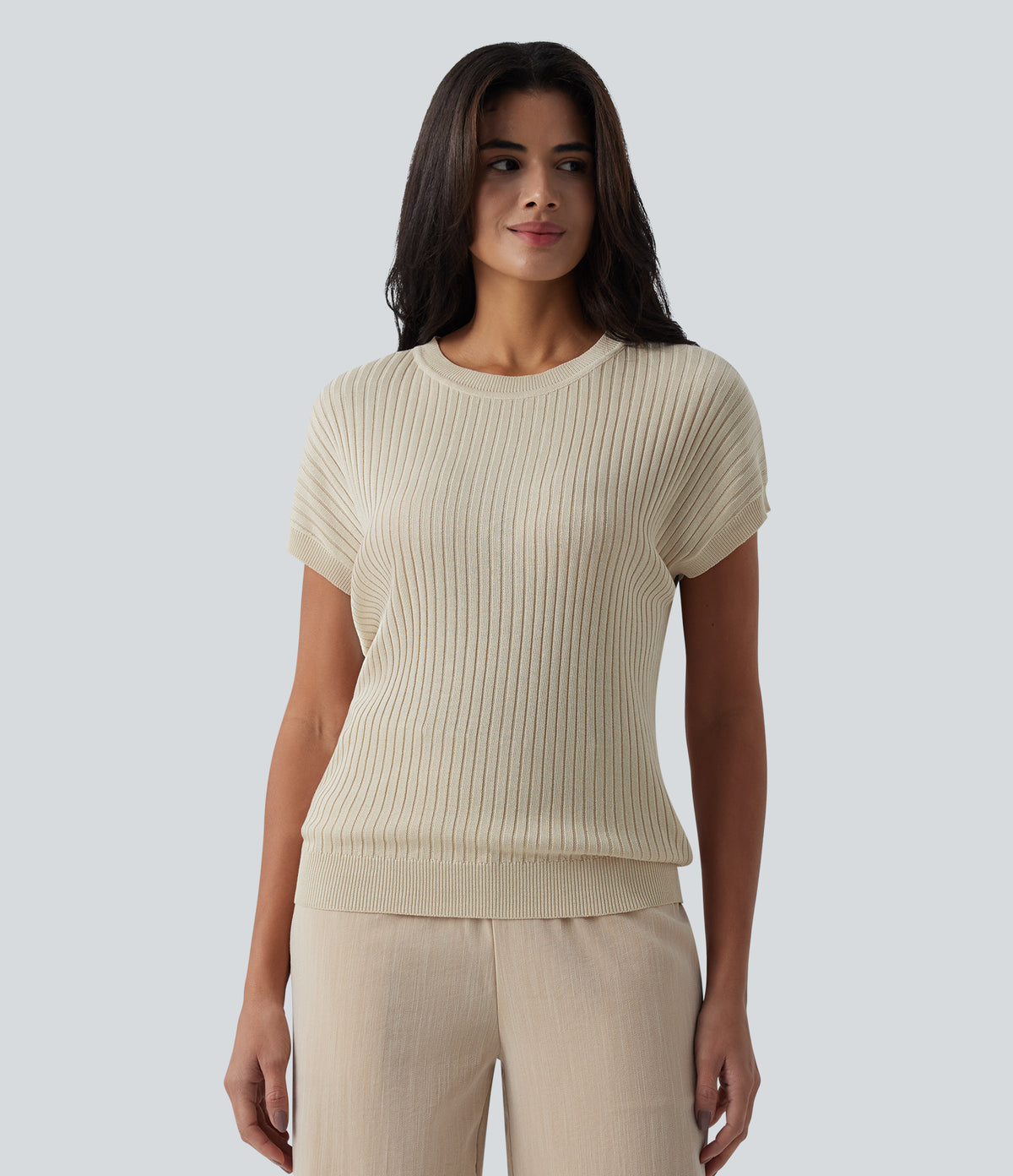 Round Neck Batwing Sleeve Crossover Backless Casual Jumper — Almond Milk — view 5