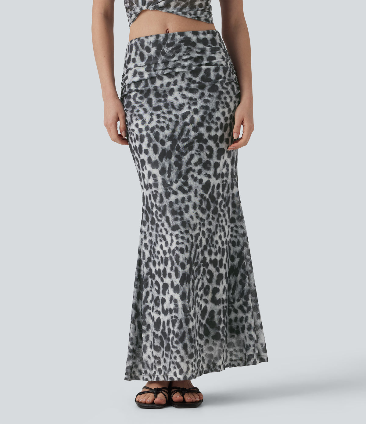 Mid Rise Ruched Mesh Leopard Print Maxi Party Mermaid Skirt — Silver Leopard Print — view 1