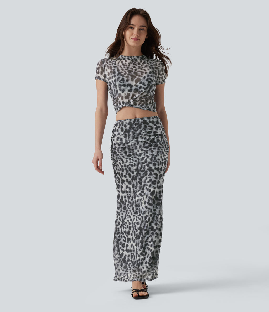 Mid Rise Ruched Mesh Leopard Print Maxi Party Mermaid Skirt — Silver Leopard Print — view 6