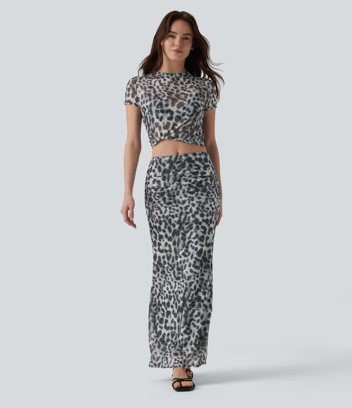 Mid Rise Ruched Mesh Leopard Print Maxi Party Mermaid Skirt — Silver Leopard Print — view 6