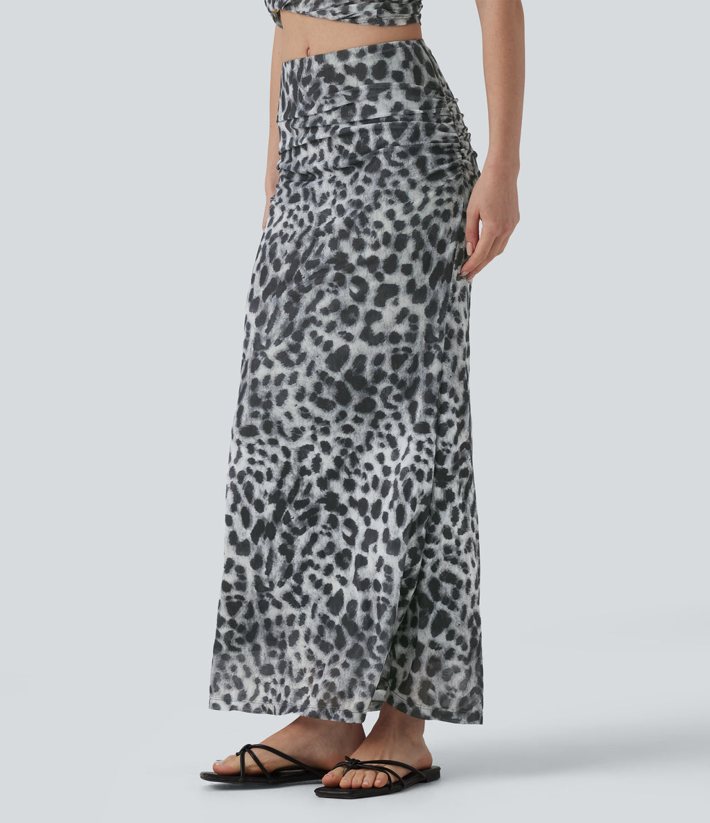 Mid Rise Ruched Mesh Leopard Print Maxi Party Mermaid Skirt — Silver Leopard Print — view 3
