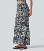 Mid Rise Ruched Mesh Leopard Print Maxi Party Mermaid Skirt — Silver Leopard Print — view 3