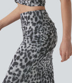 Mid Rise Ruched Mesh Leopard Print Maxi Party Mermaid Skirt — Silver Leopard Print — view 4