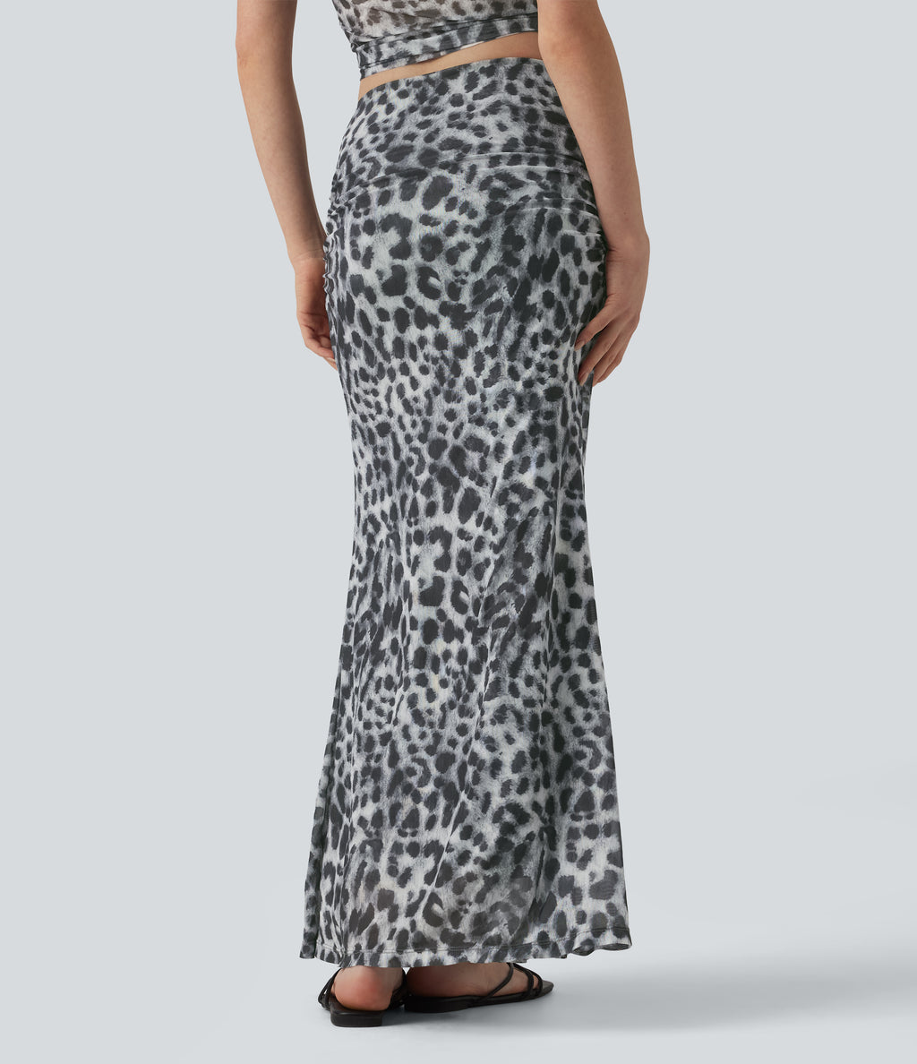 Mid Rise Ruched Mesh Leopard Print Maxi Party Mermaid Skirt — Silver Leopard Print — view 2