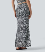 Mid Rise Ruched Mesh Leopard Print Maxi Party Mermaid Skirt — Silver Leopard Print — view 2
