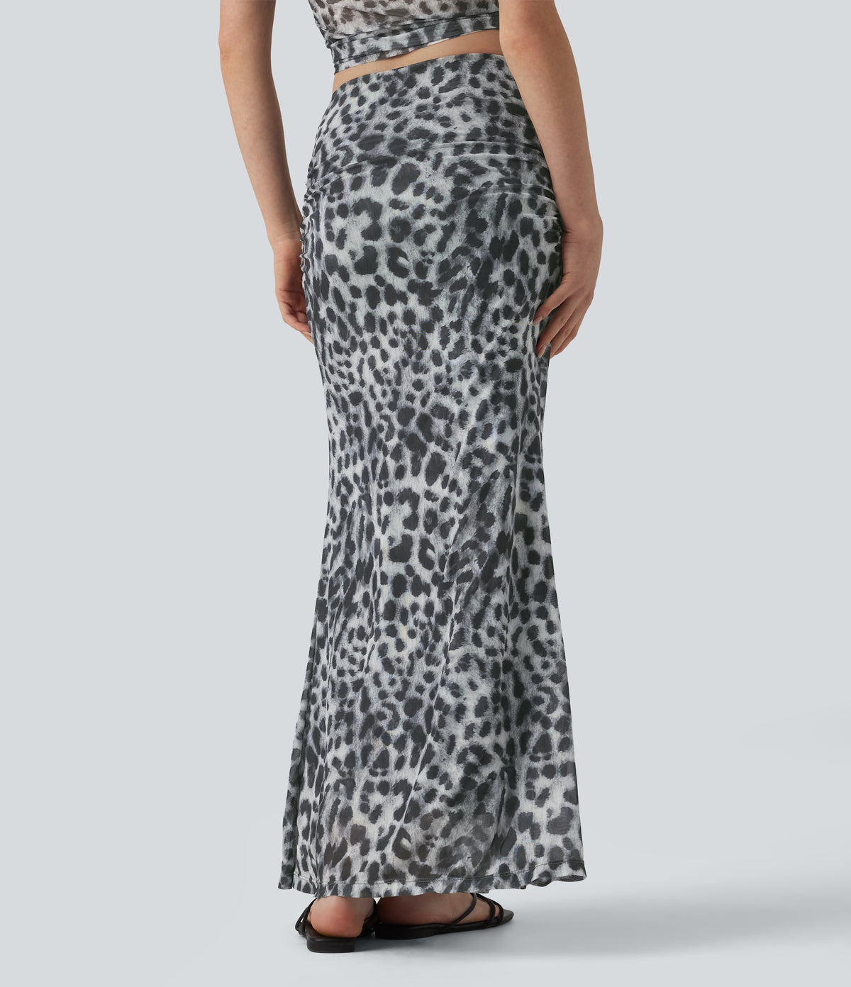 Mid Rise Ruched Mesh Leopard Print Maxi Party Mermaid Skirt — Silver Leopard Print — view 2