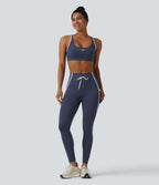 Low Support U-Neck Cut-out Color Block Letter Print Built-in Bra Yoga Sports Bra — Mood Indigo — view 6