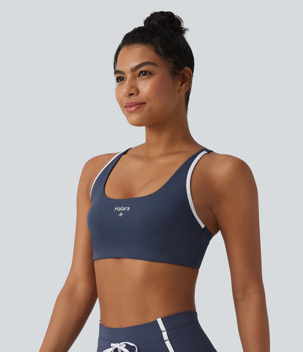 Low Support U-Neck Cut-out Color Block Letter Print Built-in Bra Yoga Sports Bra — Mood Indigo — view 3