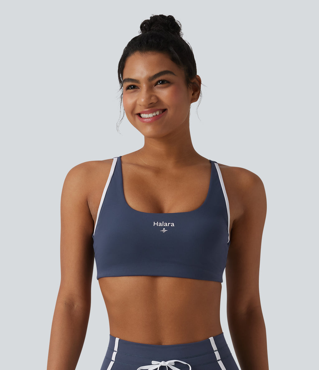 Low Support U-Neck Cut-out Color Block Letter Print Built-in Bra Yoga Sports Bra — Mood Indigo — view 4