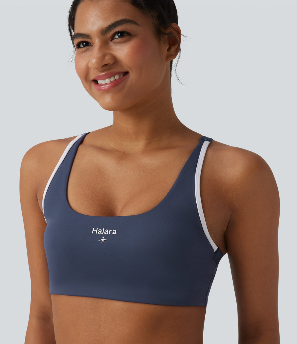 Low Support U-Neck Cut-out Color Block Letter Print Built-in Bra Yoga Sports Bra — Mood Indigo — view 1