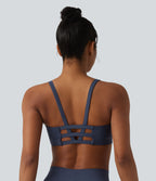 Low Support U-Neck Cut-out Color Block Letter Print Built-in Bra Yoga Sports Bra — Mood Indigo — view 2