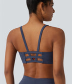 Low Support U-Neck Cut-out Color Block Letter Print Built-in Bra Yoga Sports Bra — Mood Indigo — view 5