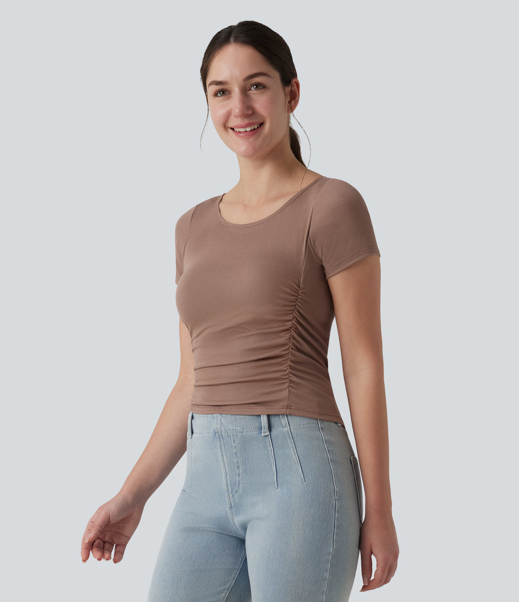 Ribbed Boat Neck Short Sleeve Ruched Built-in Bra Casual Slim T-Shirt — Beaver Fur — view 3