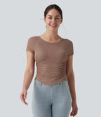 Ribbed Boat Neck Short Sleeve Ruched Built-in Bra Casual Slim T-Shirt — Beaver Fur — view 4