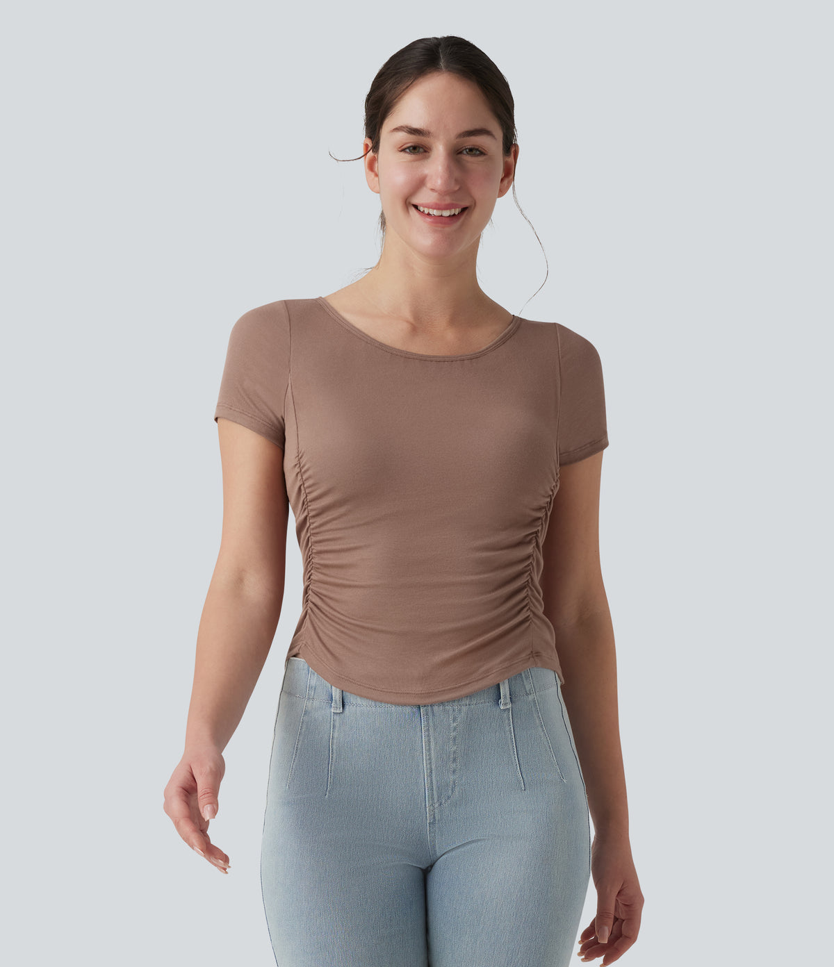 Ribbed Boat Neck Short Sleeve Ruched Built-in Bra Casual Slim T-Shirt — Beaver Fur — view 4