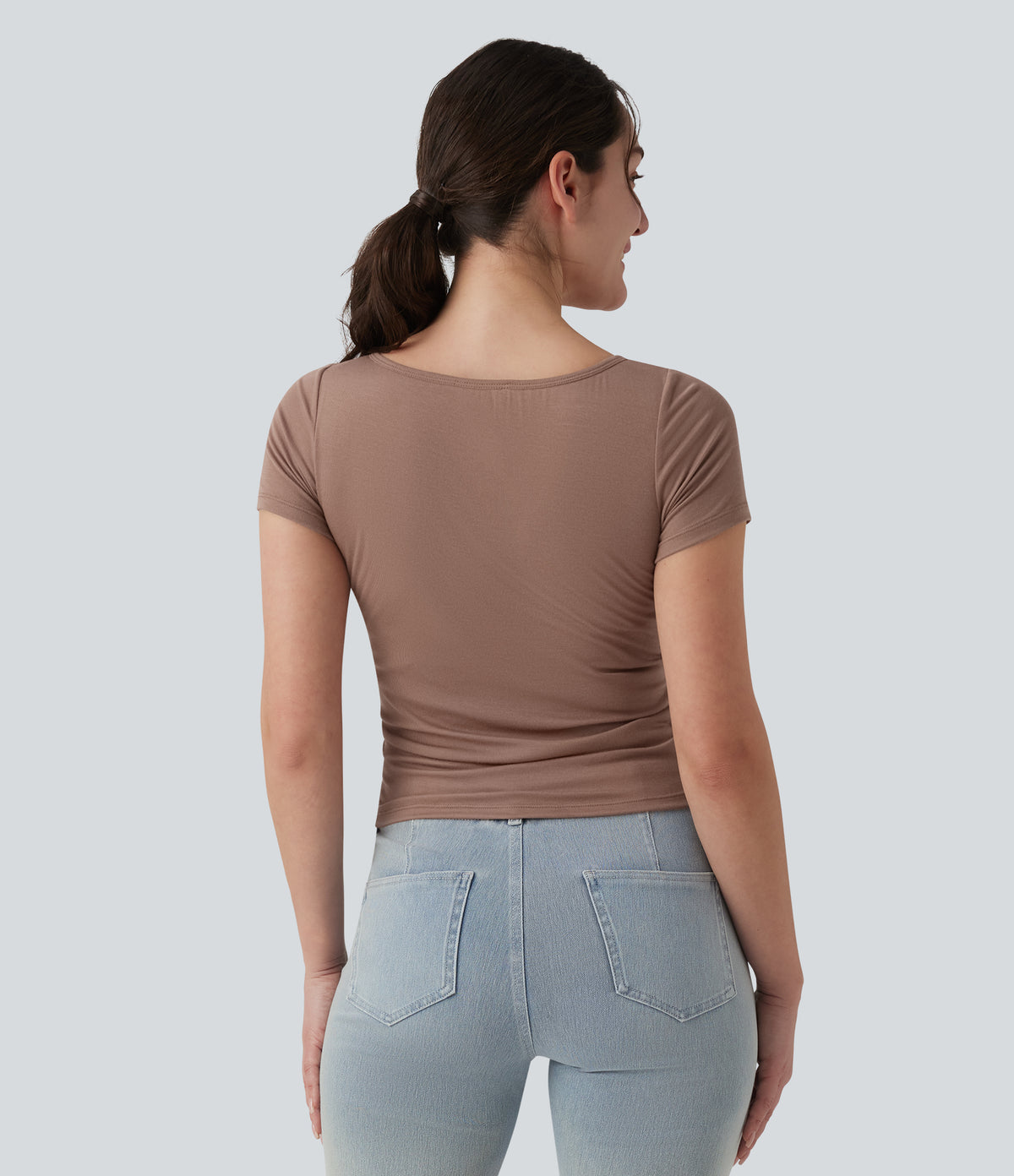 Ribbed Boat Neck Short Sleeve Ruched Built-in Bra Casual Slim T-Shirt — Beaver Fur — view 2