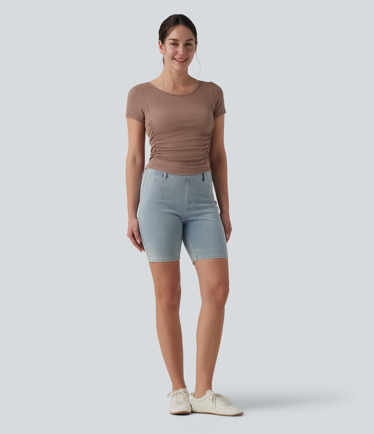 Ribbed Boat Neck Short Sleeve Ruched Built-in Bra Casual Slim T-Shirt — Beaver Fur — view 5