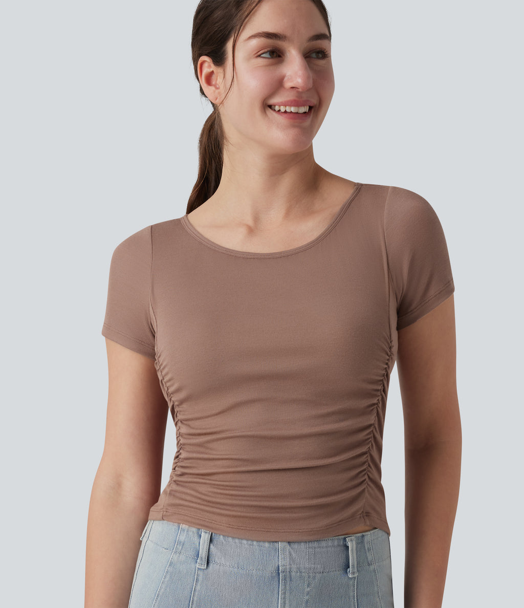 Ribbed Boat Neck Short Sleeve Ruched Built-in Bra Casual Slim T-Shirt — Beaver Fur — view 1