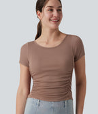 Ribbed Boat Neck Short Sleeve Ruched Built-in Bra Casual Slim T-Shirt — Beaver Fur — view 1