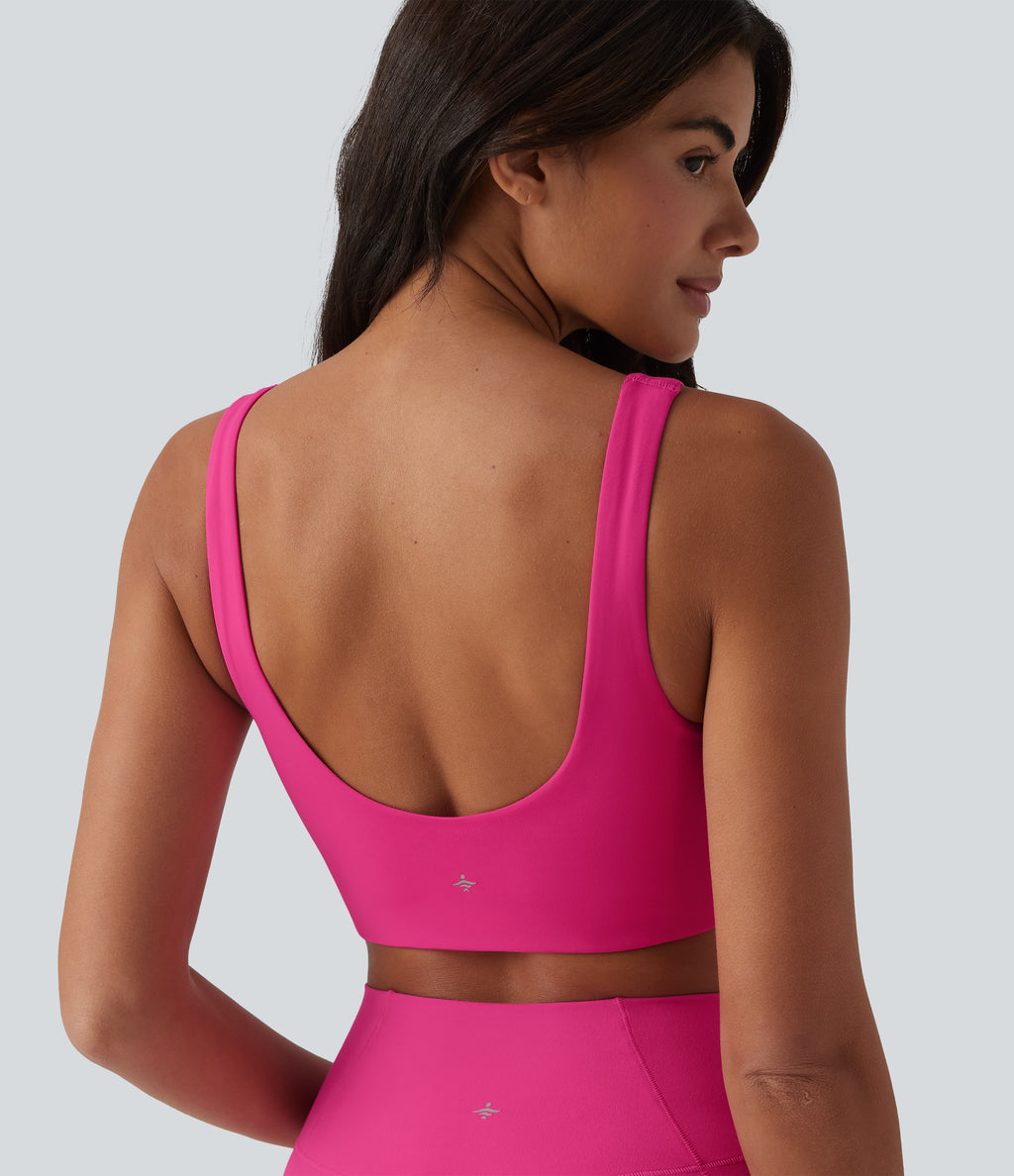 Plush Low Support Square Neck Built-in Bra Yoga Sports Bra — Fuchsia Purple — view 5