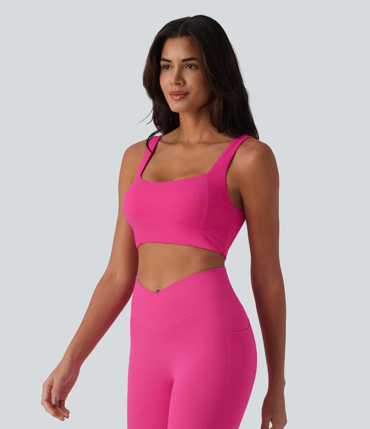 Plush Low Support Square Neck Built-in Bra Yoga Sports Bra — Fuchsia Purple — view 3
