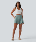 High Waisted Pleated Casual Linen-Feel Shorts 5'' with Pockets — Silverwood Sage — view 6